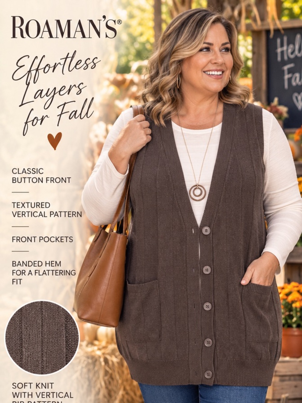 Roaman's Brown Button-Front Knit Vest with Pockets - Chocolate Brown